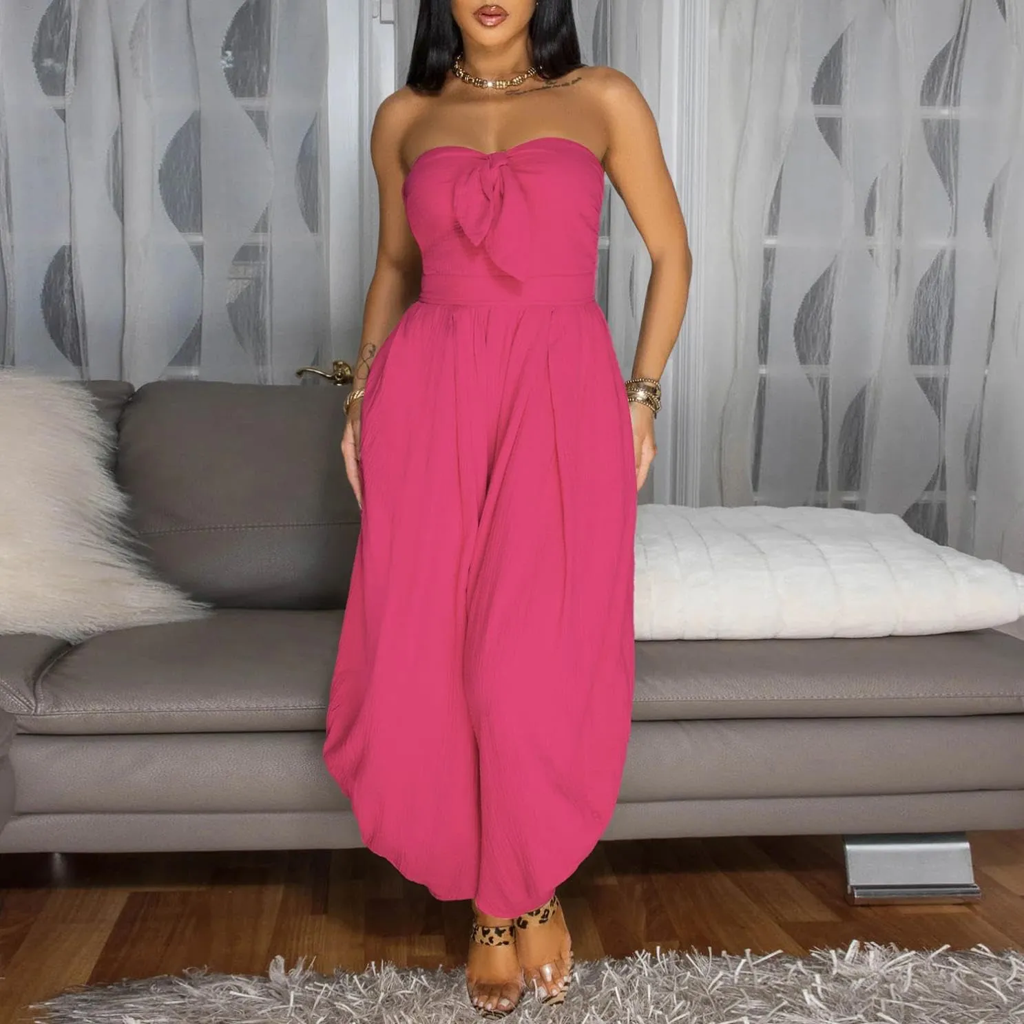 Women Sexy Off Shoulder Strapless Harem Pants Jumpsuit Bow Tie Romper
