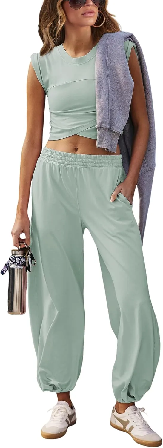 Womens 2 Piece Sweatsuits Sets Casual Workout Cropped Tee Top High Rise Sweatpants Athletic Tracksuits