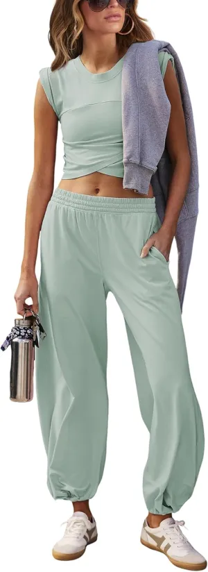 Womens 2 Piece Sweatsuits Sets Casual Workout Cropped Tee Top High Rise Sweatpants Athletic Tracksuits