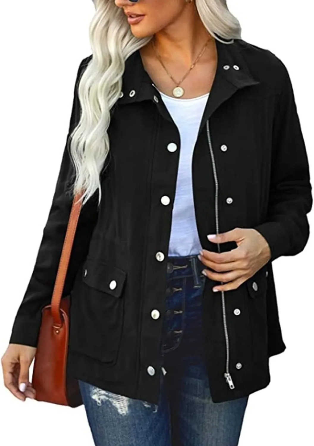 Womens 2024 Graceful Temperament Button Outwear Long Sleeve Zipper Overcoat Comfort Slim Jacket Coat with Pockets Suits
