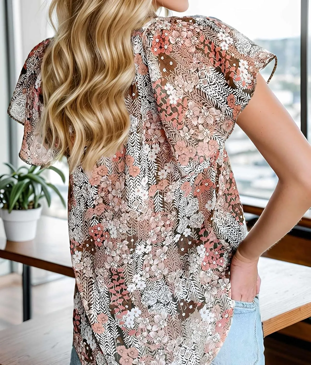 Women's Boho Chiffon Floral Tops V Neck Short Sleeve Dressy Casual Business Work Blouses 2025 Summer T-Shirt S-XXL