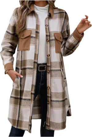 Women's Casual Wool Blend Long Plaid Trench Coat Shirt 2024 Fall Winter Trendy Tartan Button Down Lapel Jacket