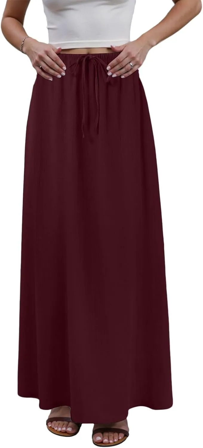 Womens Cotton Linen Maxi Skirts Summer Elastic Waist Drawstring A Line Long Flared Vacation Boho Flowy Beach Skirt