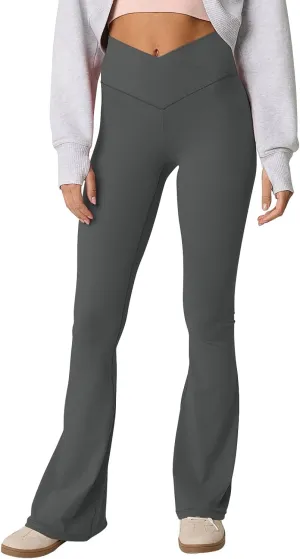 Womens Flare Leggings Cross Over High Waisted Leggings Trouser Style Flared Yoga Pants Gym Workout Running Leggings
