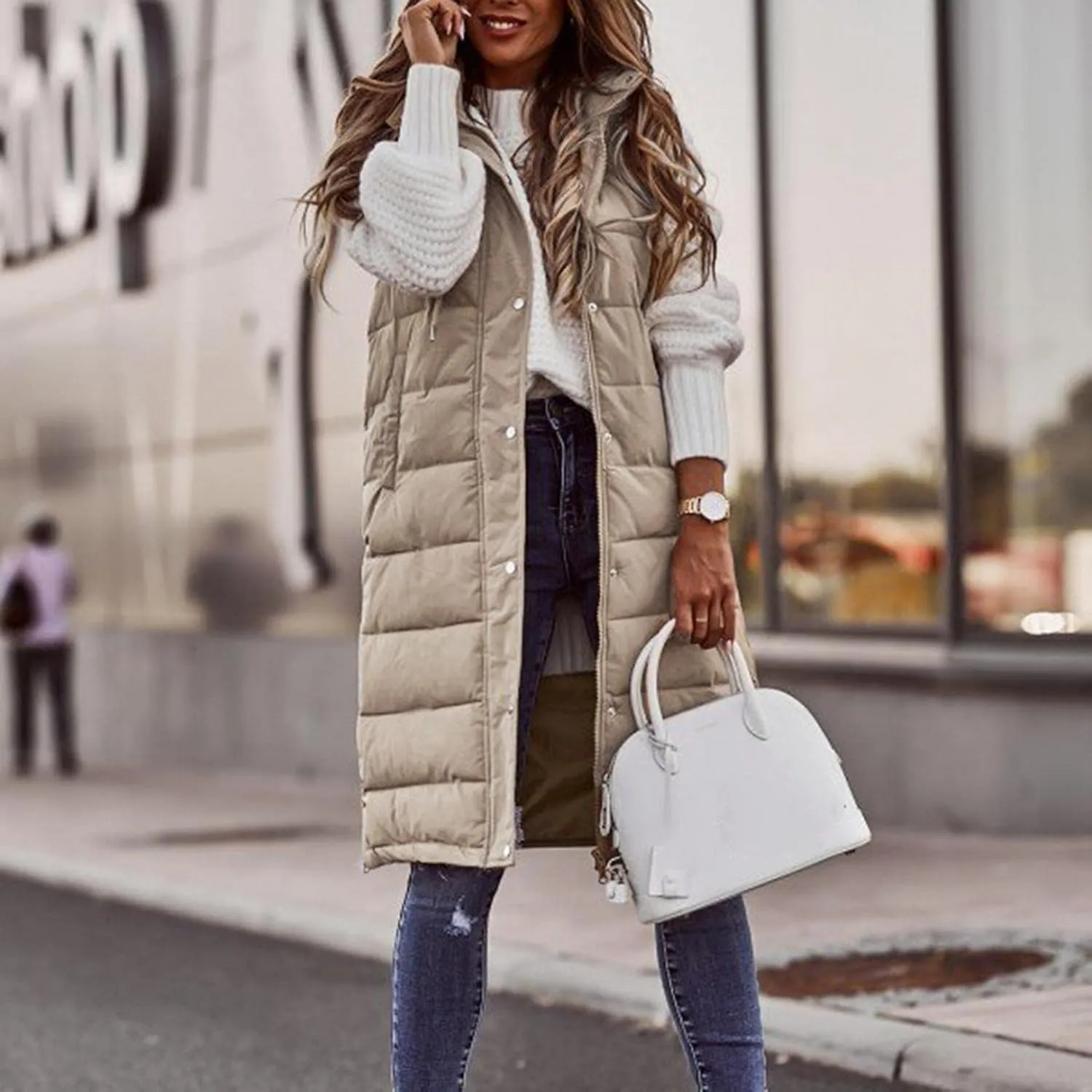 Womens Long Puffer Vest Down Coats Zipper Sleeveless Hoodies Loose Casual Thick Warm Thickened Fall Winter Jackets