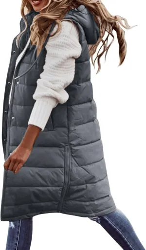 Womens Long Puffer Vest Down Coats Zipper Sleeveless Hoodies Loose Casual Thick Warm Thickened Fall Winter Jackets