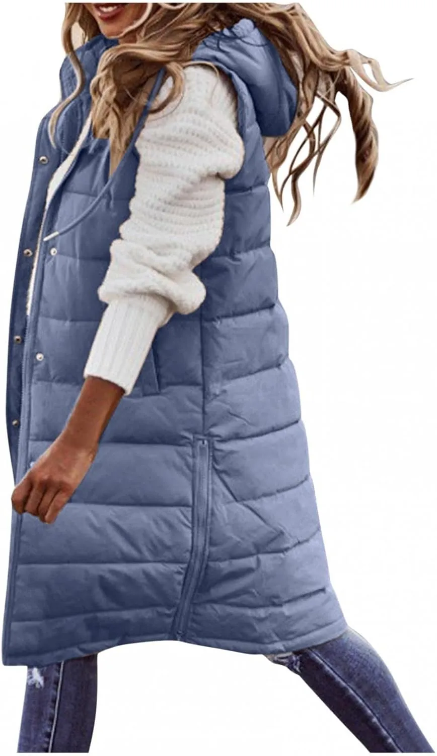 Womens Long Puffer Vest Down Coats Zipper Sleeveless Hoodies Loose Casual Thick Warm Thickened Fall Winter Jackets