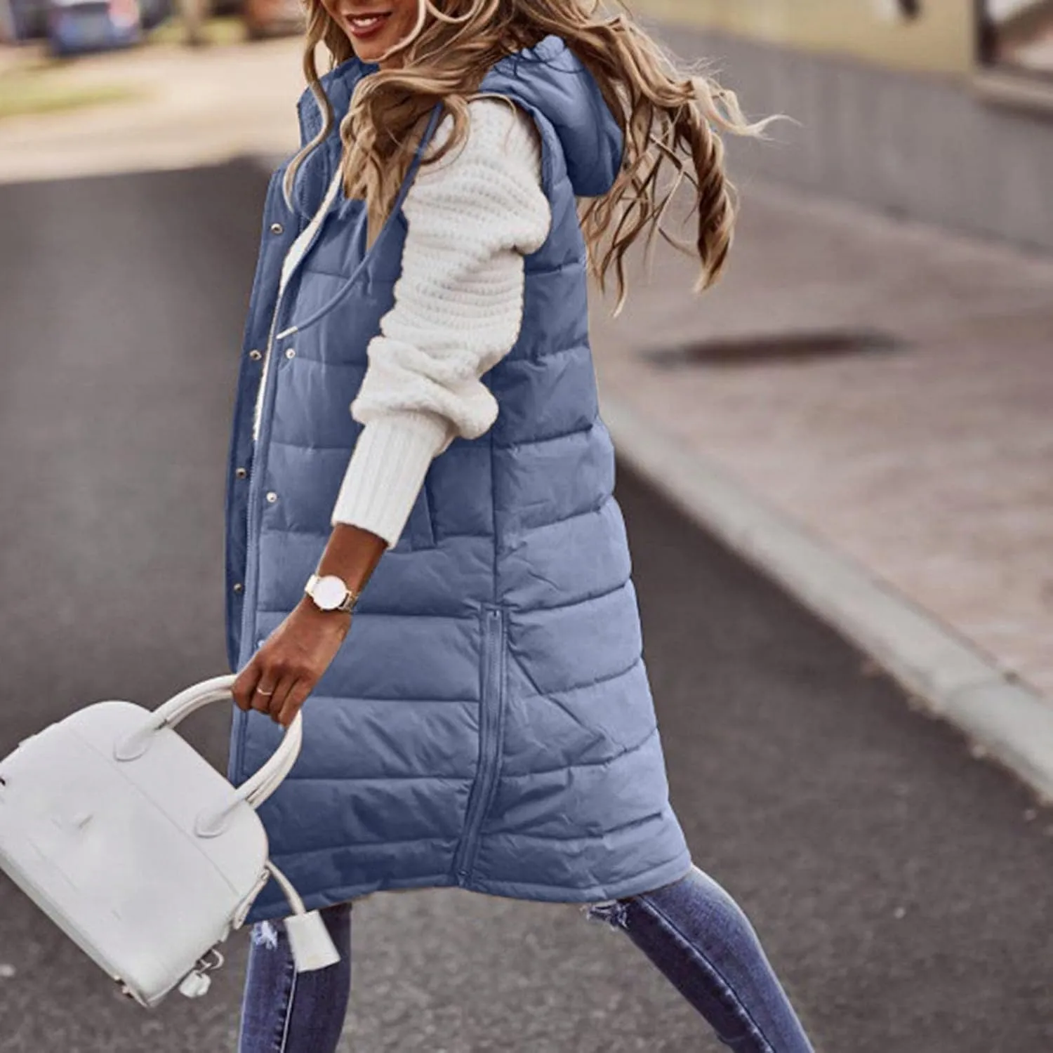 Womens Long Puffer Vest Down Coats Zipper Sleeveless Hoodies Loose Casual Thick Warm Thickened Fall Winter Jackets