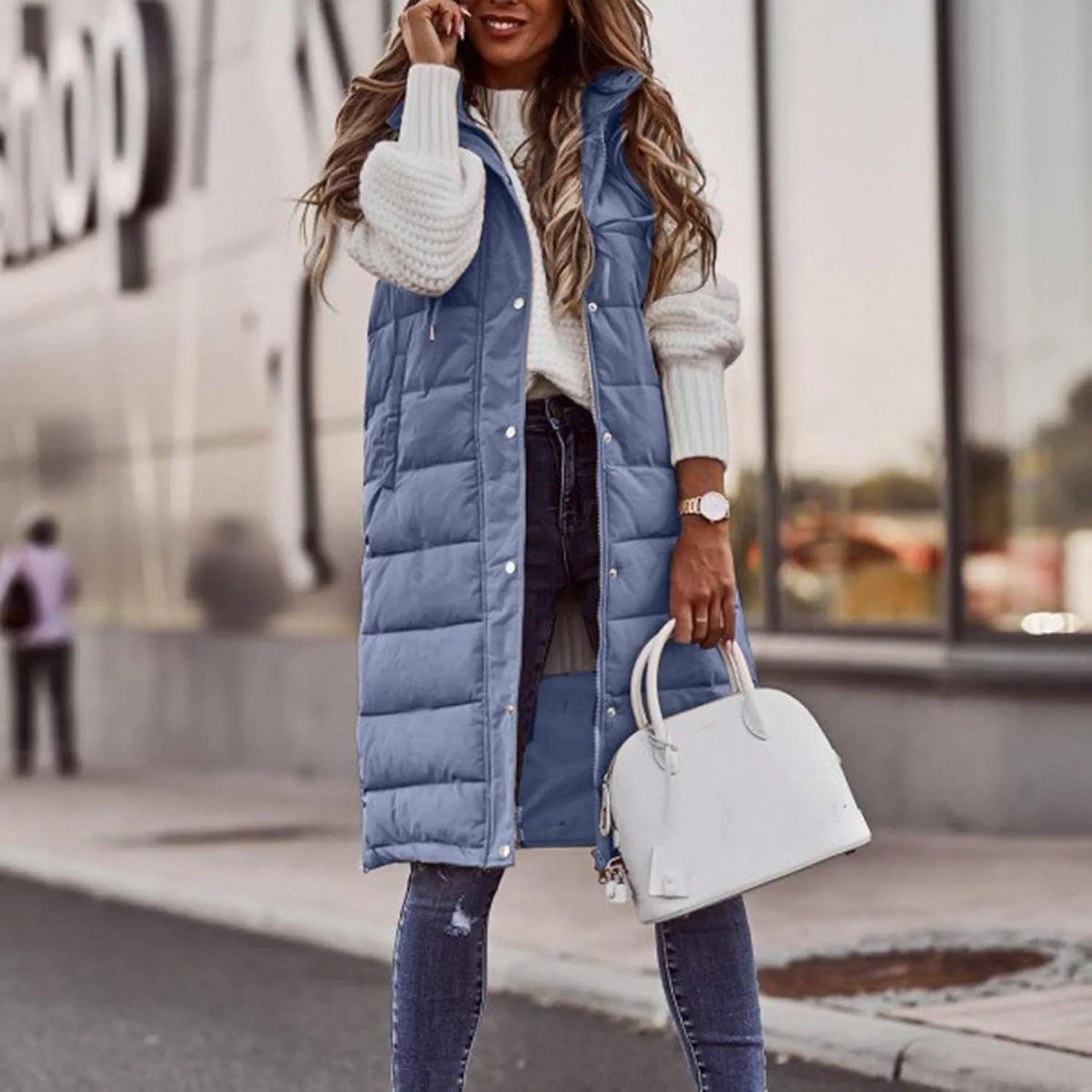 Womens Long Puffer Vest Down Coats Zipper Sleeveless Hoodies Loose Casual Thick Warm Thickened Fall Winter Jackets