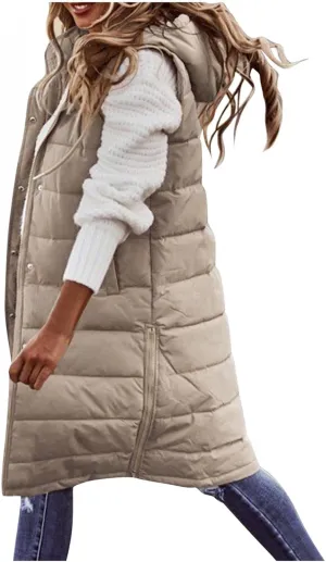 Womens Long Puffer Vest Down Coats Zipper Sleeveless Hoodies Loose Casual Thick Warm Thickened Fall Winter Jackets
