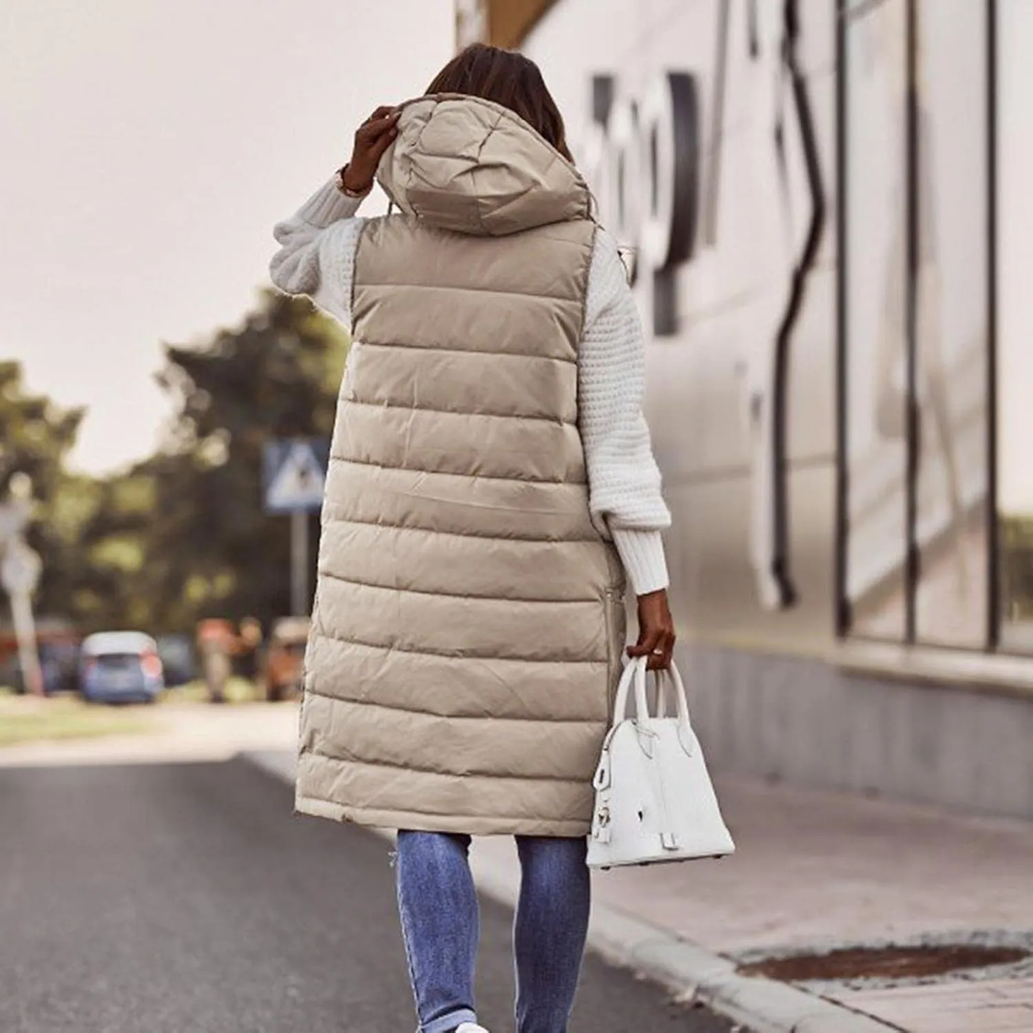 Womens Long Puffer Vest Down Coats Zipper Sleeveless Hoodies Loose Casual Thick Warm Thickened Fall Winter Jackets
