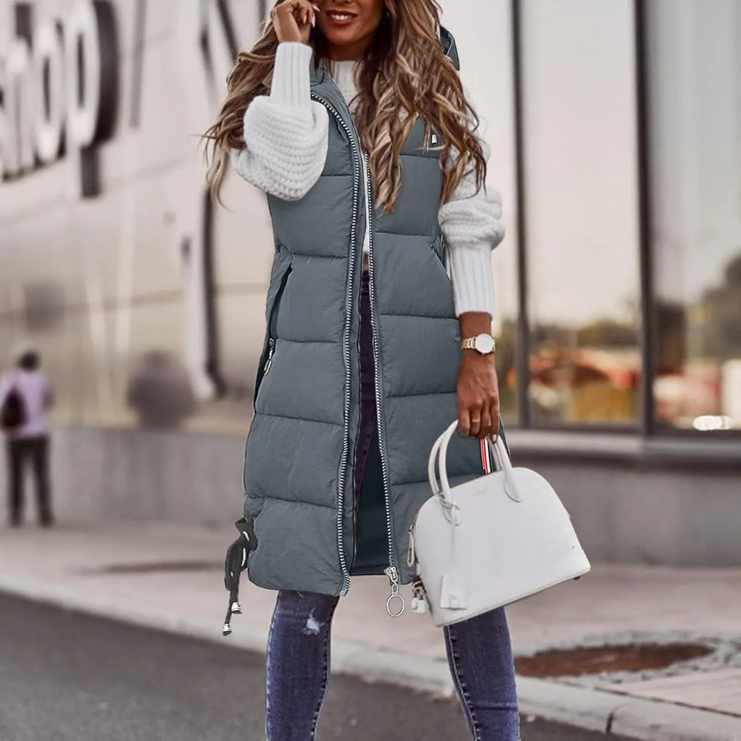 Womens Long Puffer Vest Down Coats Zipper Sleeveless Hoodies Loose Casual Thick Warm Thickened Fall Winter Jackets