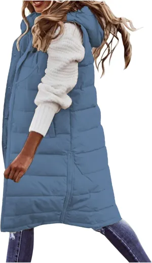 Womens Long Puffer Vest Down Coats Zipper Sleeveless Hoodies Loose Casual Thick Warm Thickened Fall Winter Jackets