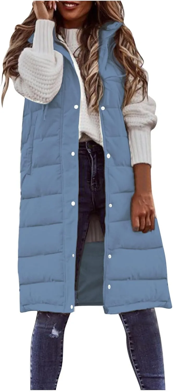 Womens Long Puffer Vest Down Coats Zipper Sleeveless Hoodies Loose Casual Thick Warm Thickened Fall Winter Jackets