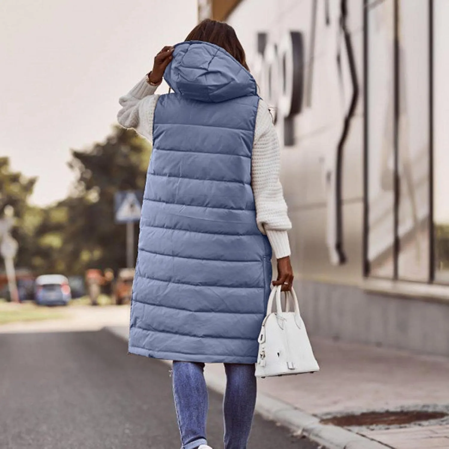 Womens Long Puffer Vest Down Coats Zipper Sleeveless Hoodies Loose Casual Thick Warm Thickened Fall Winter Jackets