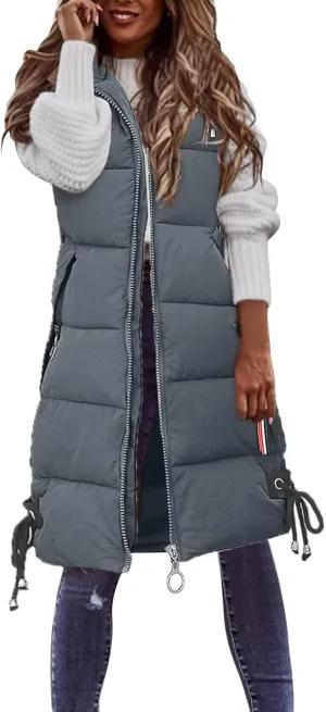 Womens Long Puffer Vest Down Coats Zipper Sleeveless Hoodies Loose Casual Thick Warm Thickened Fall Winter Jackets