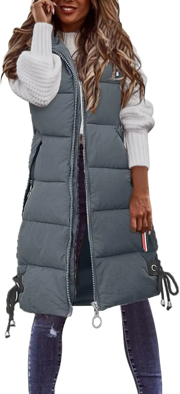 Womens Long Puffer Vest Down Coats Zipper Sleeveless Hoodies Loose Casual Thick Warm Thickened Fall Winter Jackets