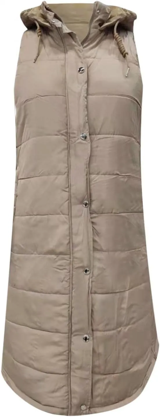 Womens Long Puffer Vest Down Coats Zipper Sleeveless Hoodies Loose Casual Thick Warm Thickened Fall Winter Jackets