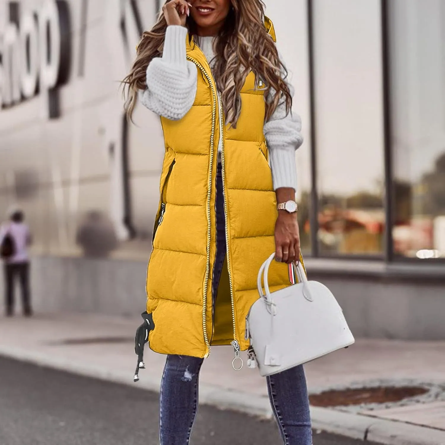 Women's Long Vest Sleeveless Lightweight Puffer Jacket Packable Hooded Down Coat Quilted Vest with Hood Winter