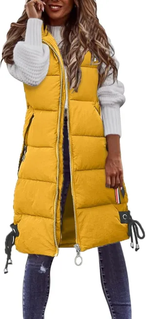 Women's Long Vest Sleeveless Lightweight Puffer Jacket Packable Hooded Down Coat Quilted Vest with Hood Winter