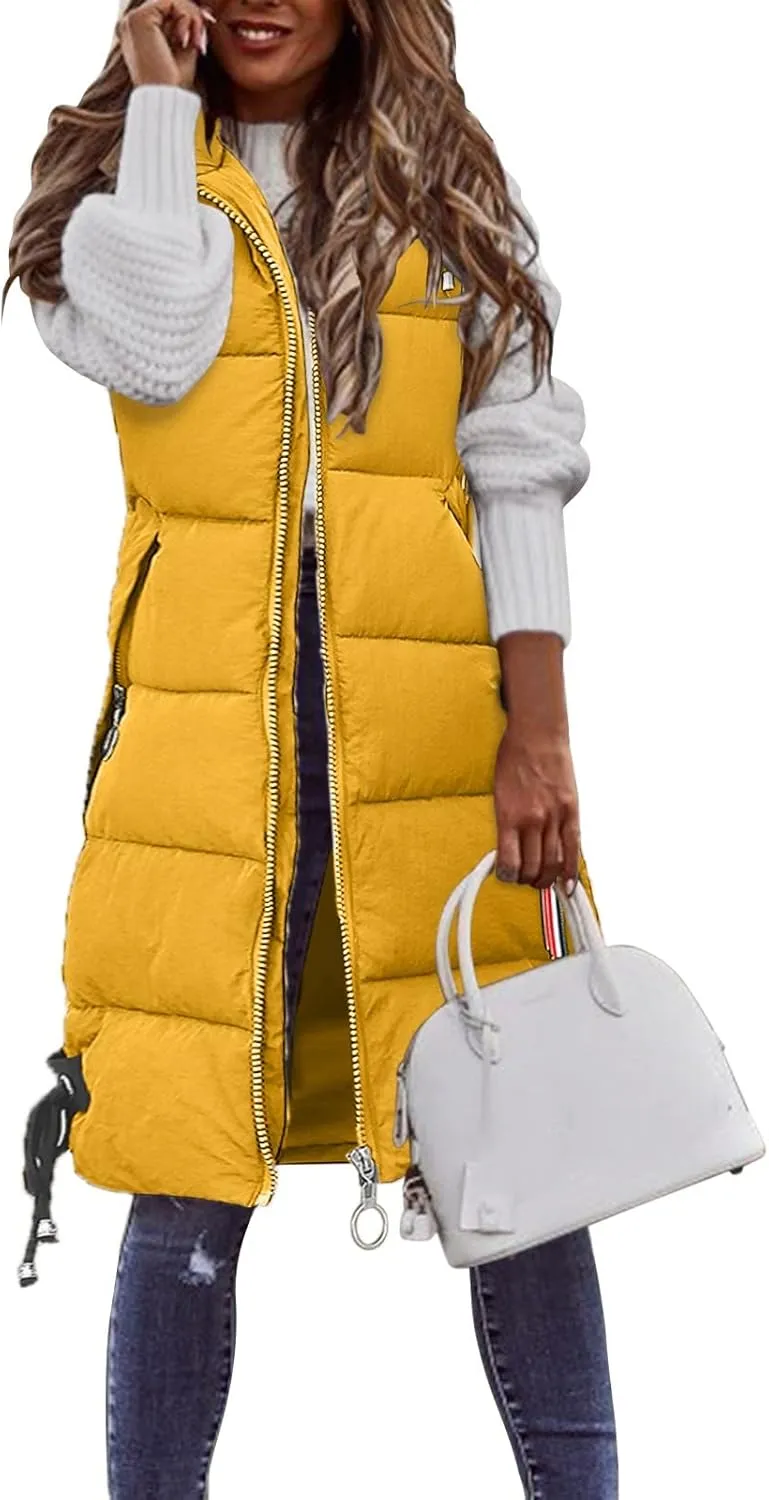 Women's Long Vest Sleeveless Lightweight Puffer Jacket Packable Hooded Down Coat Quilted Vest with Hood Winter