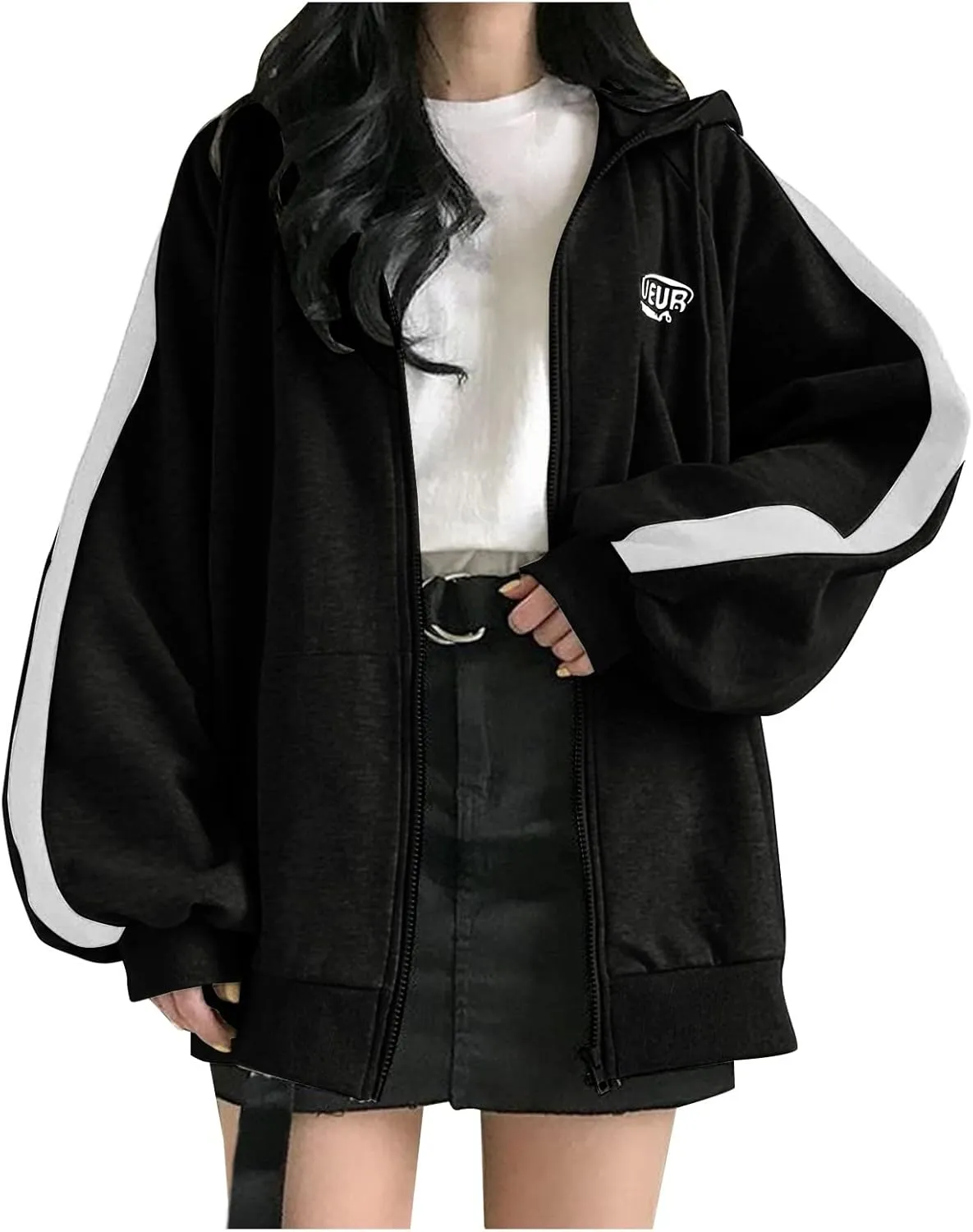 Womens Oversized Zip Up Hoodie Y2K Casual Long Sleeve Black Hooded Sweatshirt 90s Solid Zipper Jacket Cute Tops