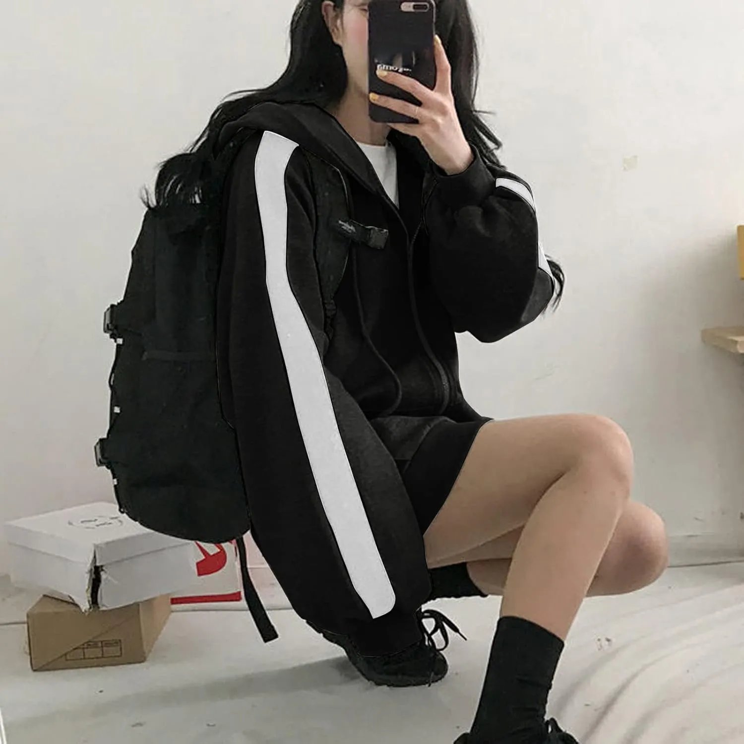 Womens Oversized Zip Up Hoodie Y2K Casual Long Sleeve Black Hooded Sweatshirt 90s Solid Zipper Jacket Cute Tops