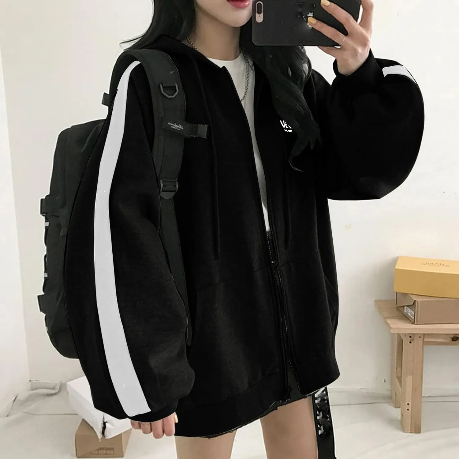 Womens Oversized Zip Up Hoodie Y2K Casual Long Sleeve Black Hooded Sweatshirt 90s Solid Zipper Jacket Cute Tops