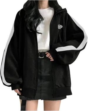 Womens Oversized Zip Up Hoodie Y2K Casual Long Sleeve Black Hooded Sweatshirt 90s Solid Zipper Jacket Cute Tops
