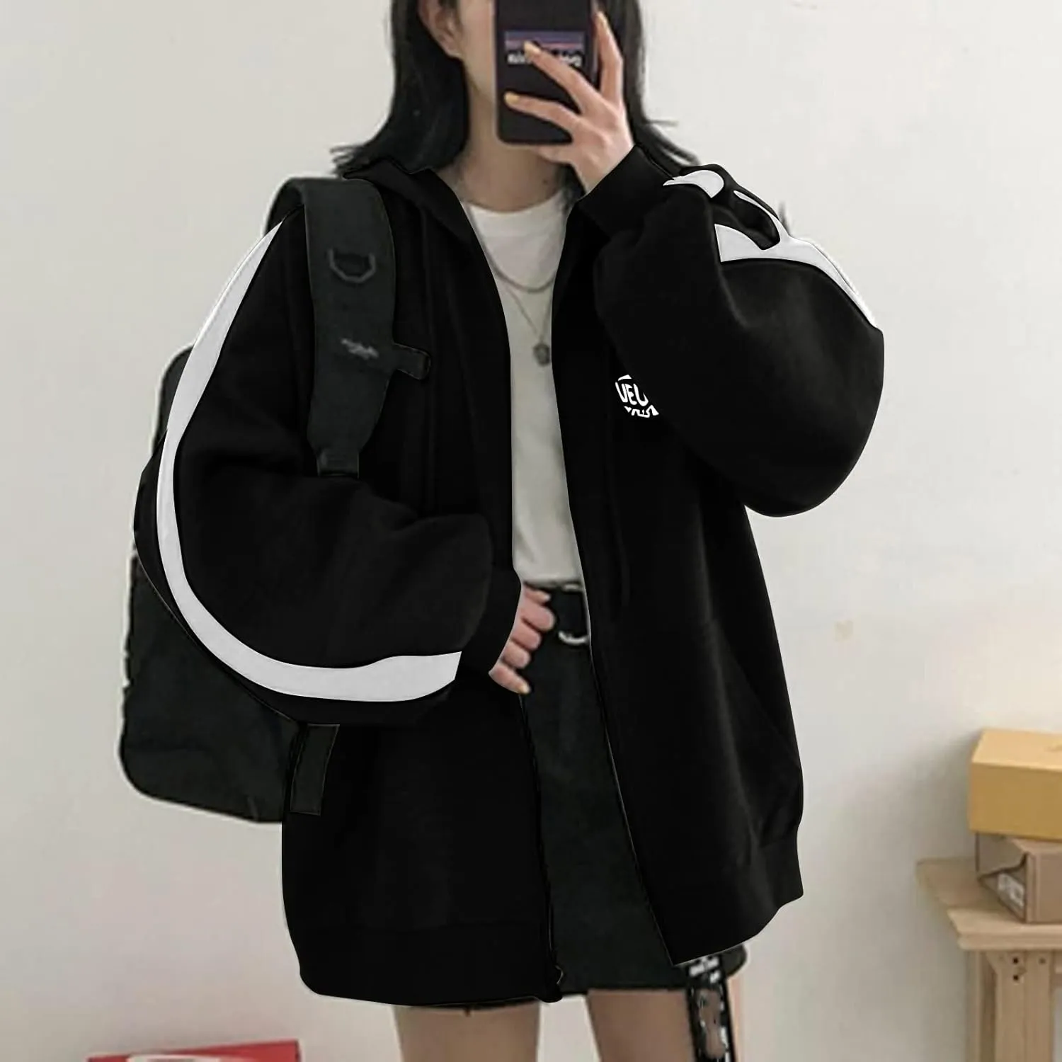 Womens Oversized Zip Up Hoodie Y2K Casual Long Sleeve Black Hooded Sweatshirt 90s Solid Zipper Jacket Cute Tops