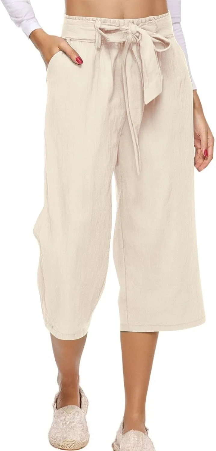 Womens Plus Size Capris Pants 2025 Casual Solid Elastic High Waist Lounge Pants Drawstring Wide Leg Cropped Trousers