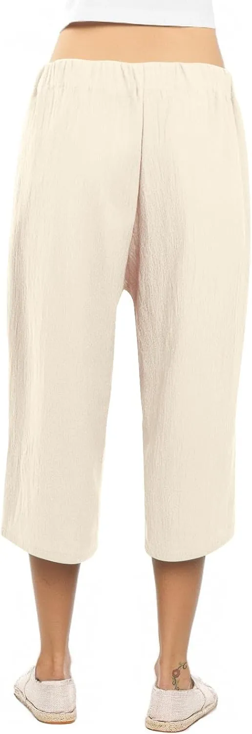 Womens Plus Size Capris Pants 2025 Casual Solid Elastic High Waist Lounge Pants Drawstring Wide Leg Cropped Trousers