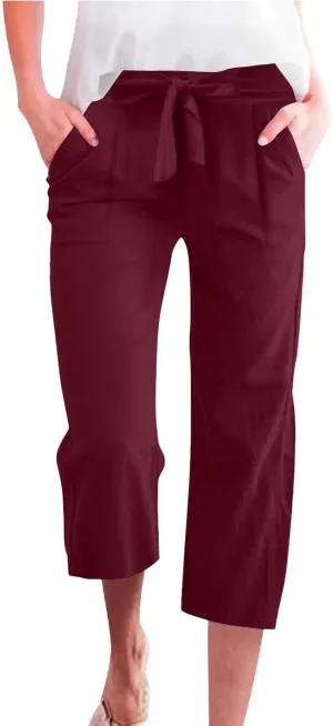 Womens Plus Size Capris Pants 2025 Casual Solid Elastic High Waist Lounge Pants Drawstring Wide Leg Cropped Trousers