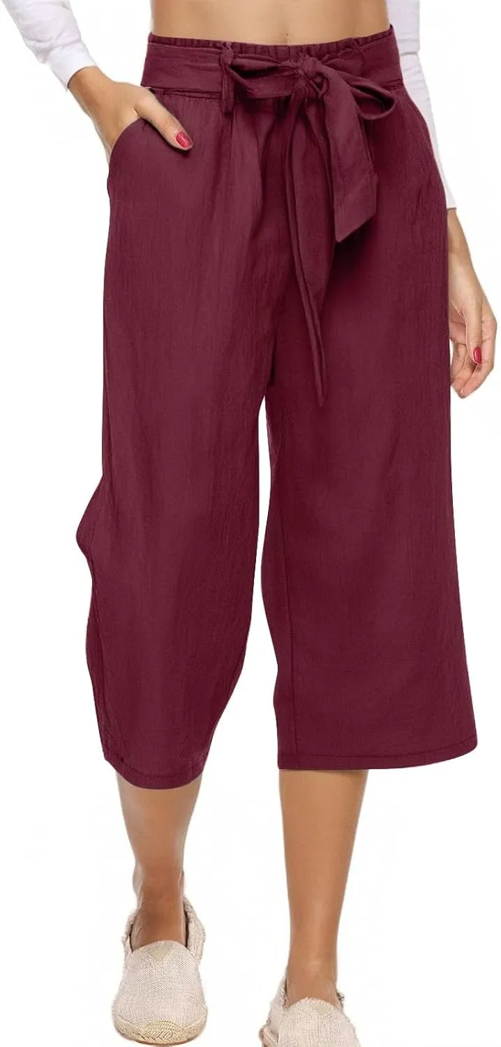 Womens Plus Size Capris Pants 2025 Casual Solid Elastic High Waist Lounge Pants Drawstring Wide Leg Cropped Trousers