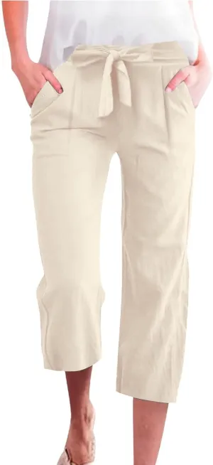 Womens Plus Size Capris Pants 2025 Casual Solid Elastic High Waist Lounge Pants Drawstring Wide Leg Cropped Trousers