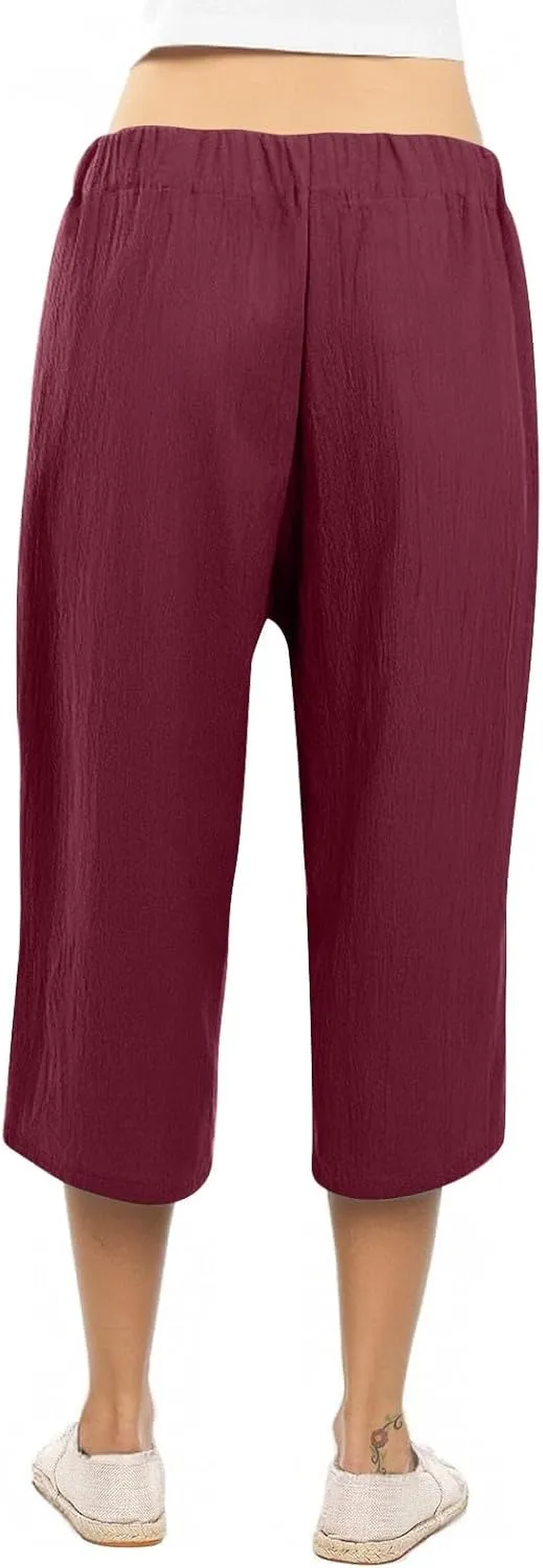 Womens Plus Size Capris Pants 2025 Casual Solid Elastic High Waist Lounge Pants Drawstring Wide Leg Cropped Trousers