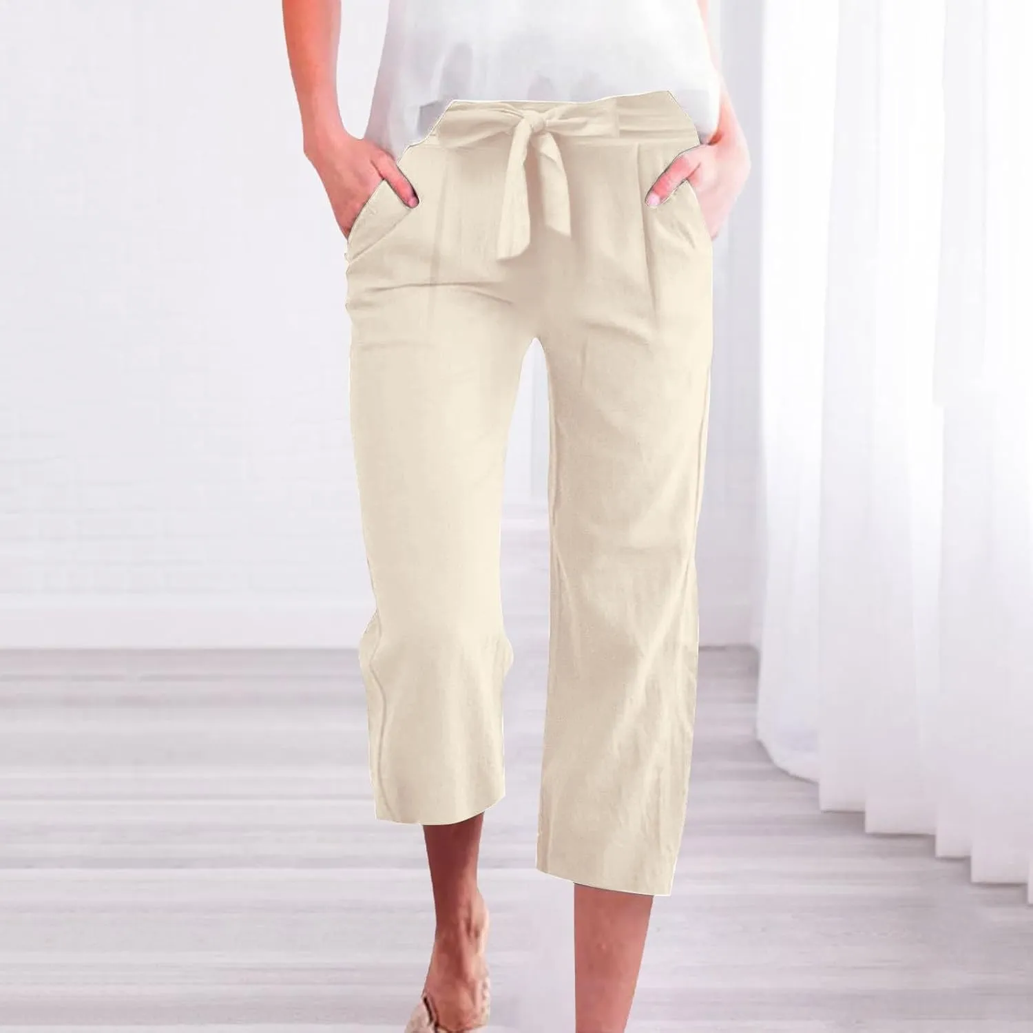Womens Plus Size Capris Pants 2025 Casual Solid Elastic High Waist Lounge Pants Drawstring Wide Leg Cropped Trousers