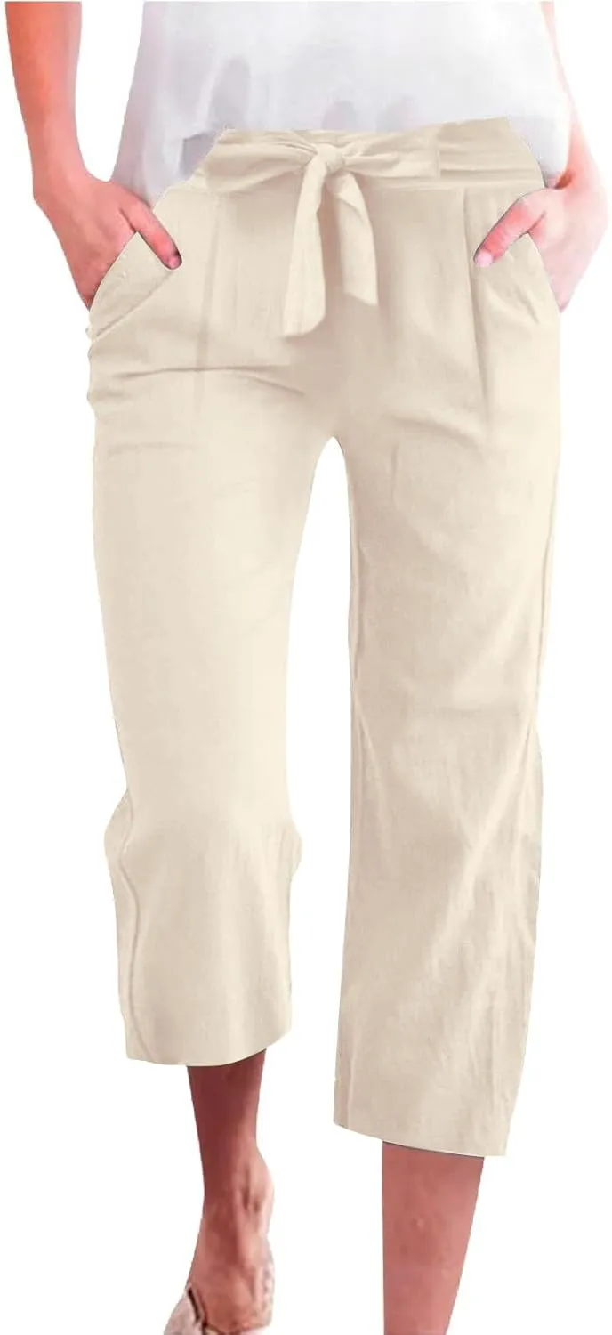Womens Plus Size Capris Pants 2025 Casual Solid Elastic High Waist Lounge Pants Drawstring Wide Leg Cropped Trousers
