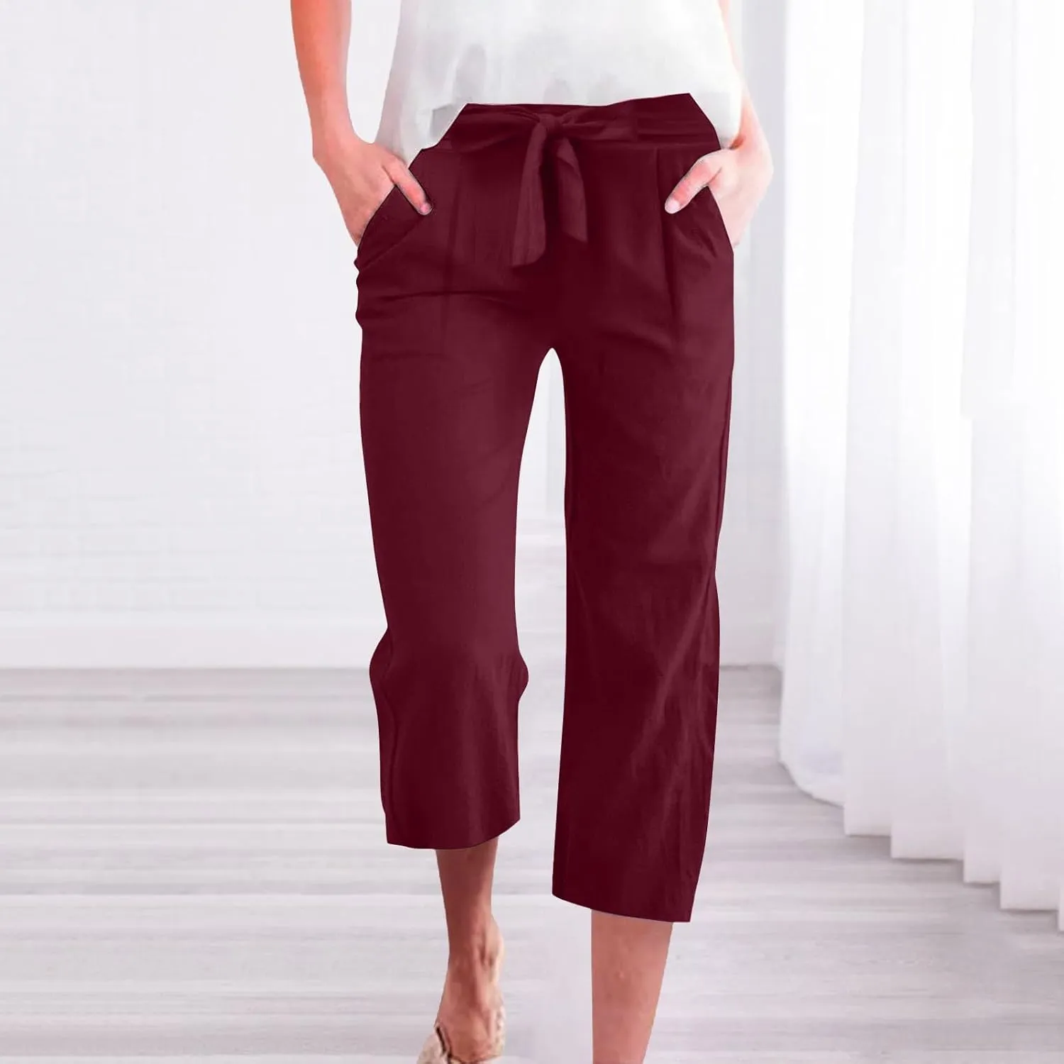 Womens Plus Size Capris Pants 2025 Casual Solid Elastic High Waist Lounge Pants Drawstring Wide Leg Cropped Trousers