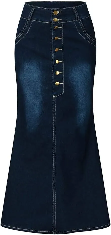 Women's Skirts Midi Skirts for Women Fashion Straight Long Mid Waist Womens Denim Button Maxi Skirts Under Skirt
