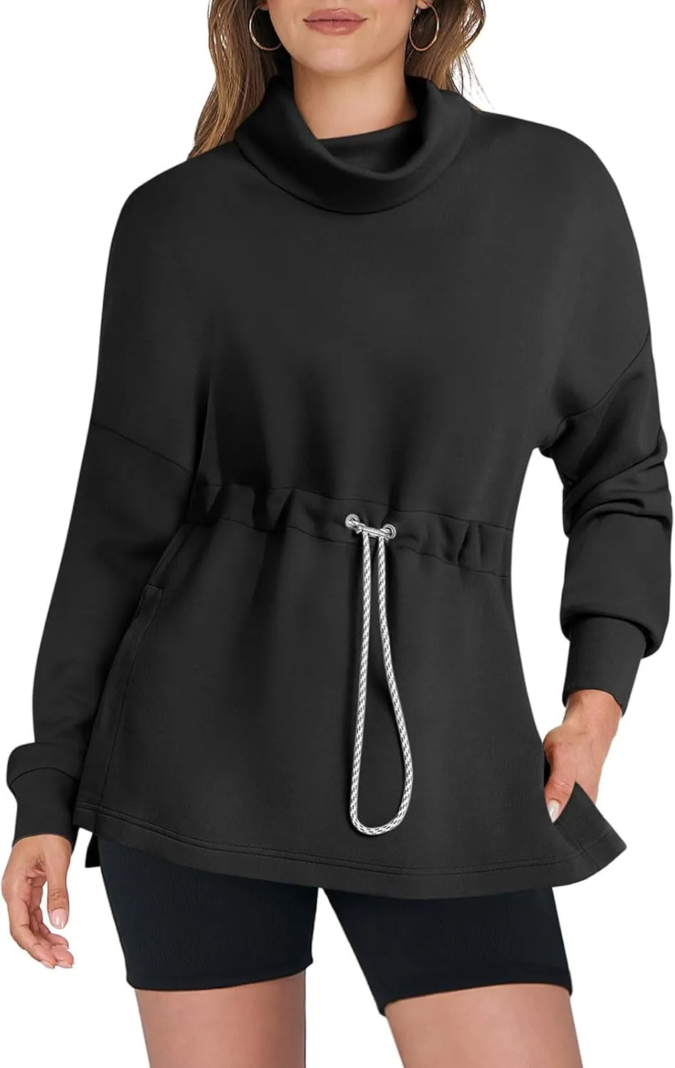 Womens Turtleneck Sweatshirts Long Sleeve Drawstring Waist Pullover Tops Trendy 2024 Fall Hoodies Preppy Outfits
