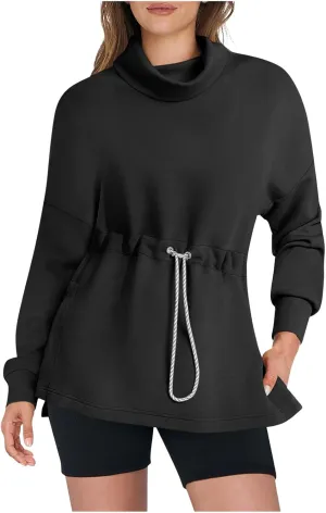 Womens Turtleneck Sweatshirts Long Sleeve Drawstring Waist Pullover Tops Trendy 2024 Fall Hoodies Preppy Outfits