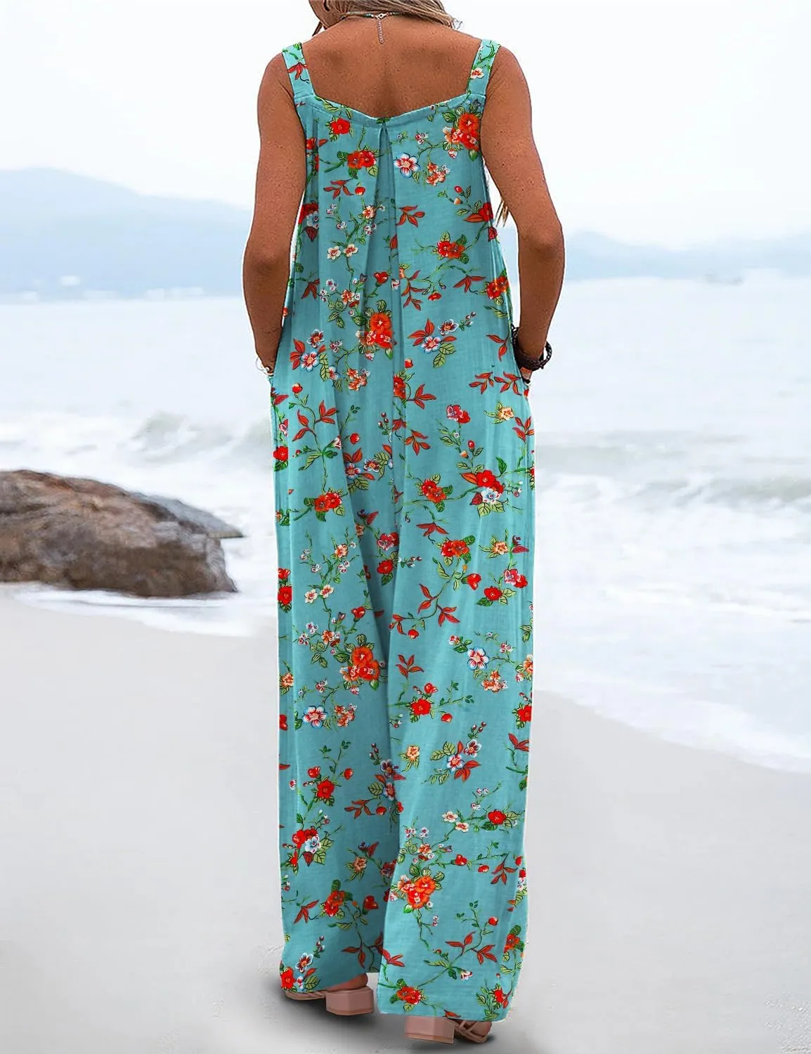 YESNO Women's Summer Casual Overalls Loose Wide Leg Jumpsuits Boho Floral Printed Baggy Rompers with Pockets PZH