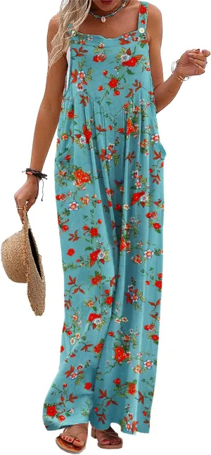 YESNO Women's Summer Casual Overalls Loose Wide Leg Jumpsuits Boho Floral Printed Baggy Rompers with Pockets PZH