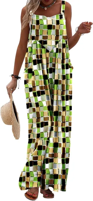 YESNO Women's Summer Casual Overalls Loose Wide Leg Jumpsuits Boho Floral Printed Baggy Rompers with Pockets PZH