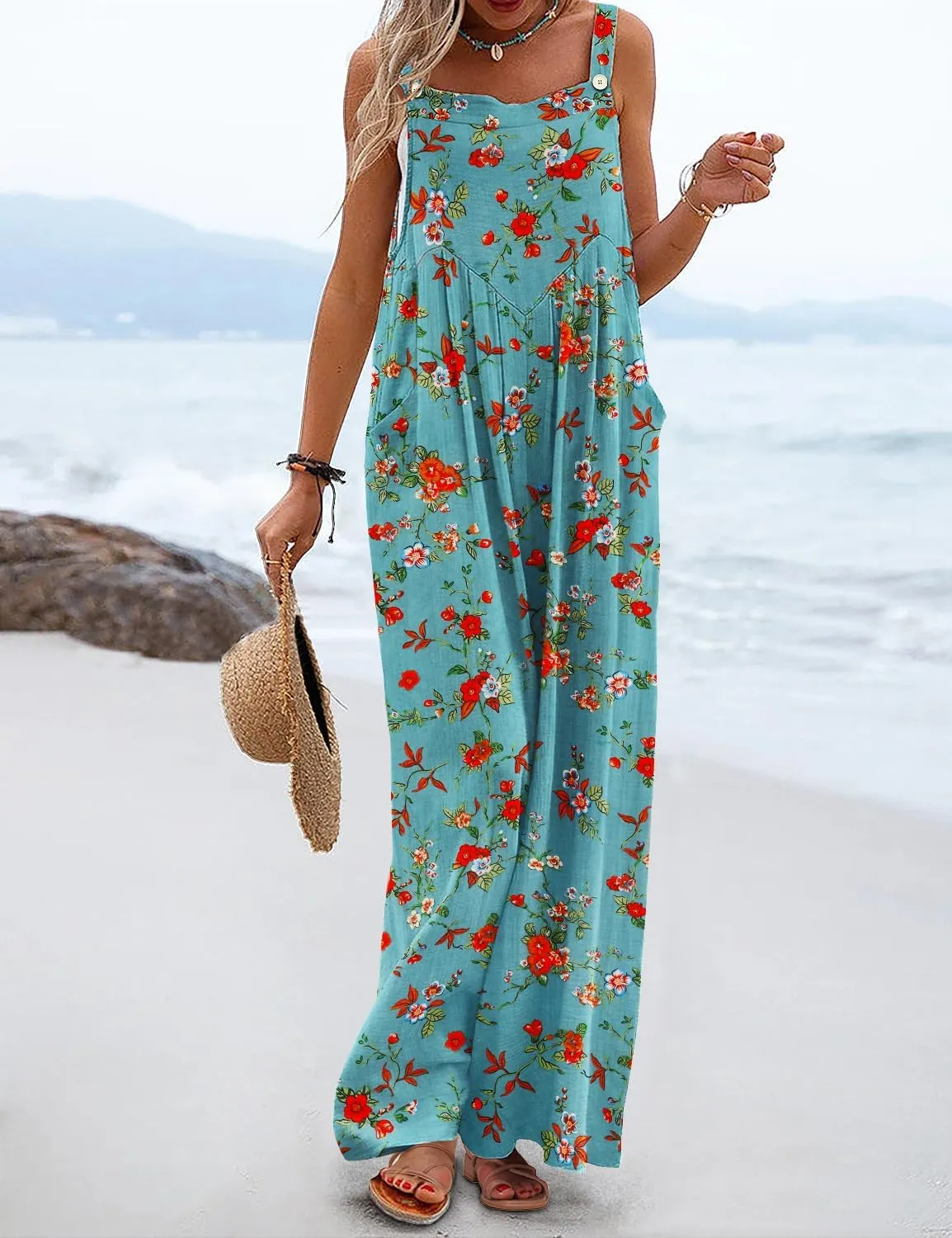 YESNO Women's Summer Casual Overalls Loose Wide Leg Jumpsuits Boho Floral Printed Baggy Rompers with Pockets PZH