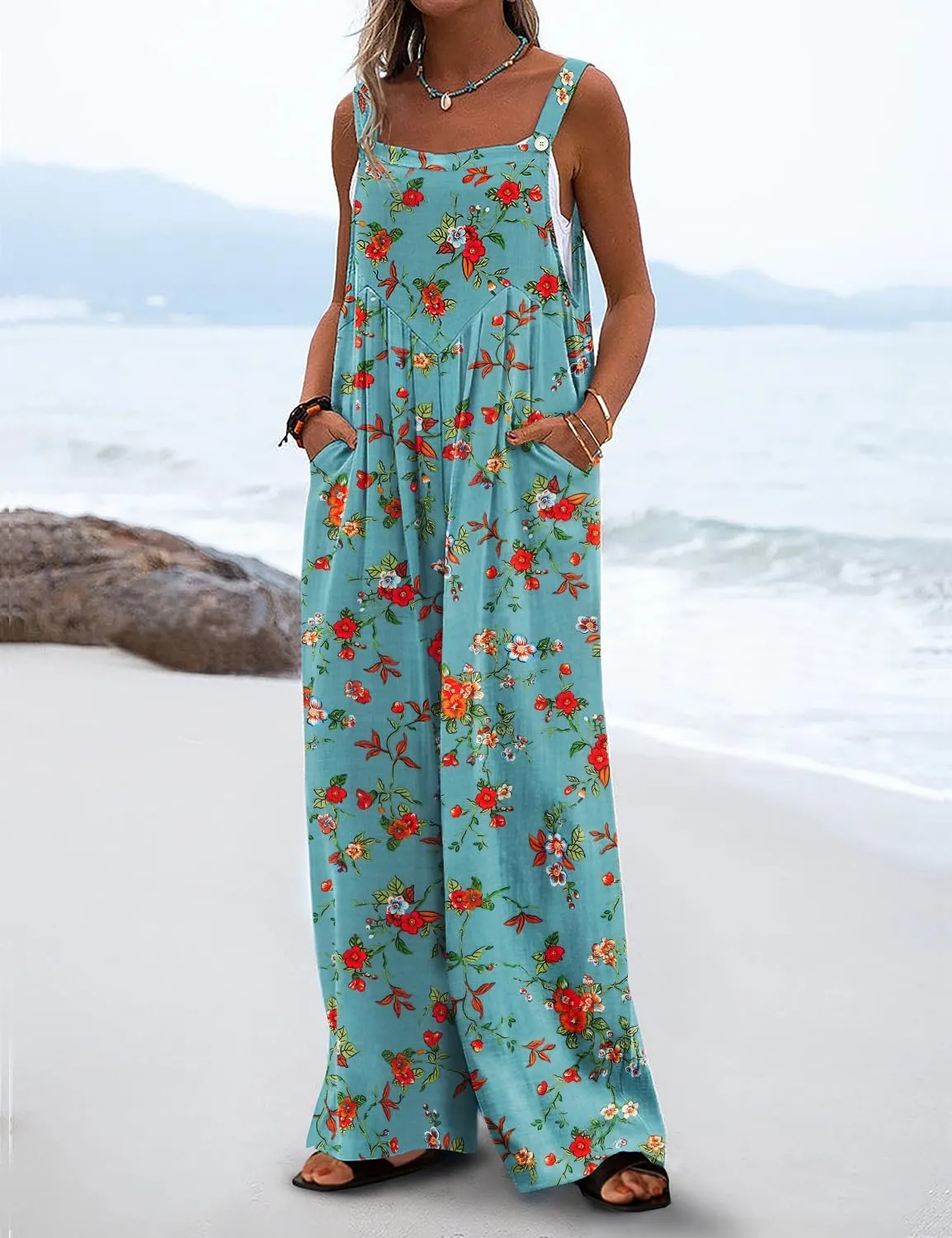 YESNO Women's Summer Casual Overalls Loose Wide Leg Jumpsuits Boho Floral Printed Baggy Rompers with Pockets PZH