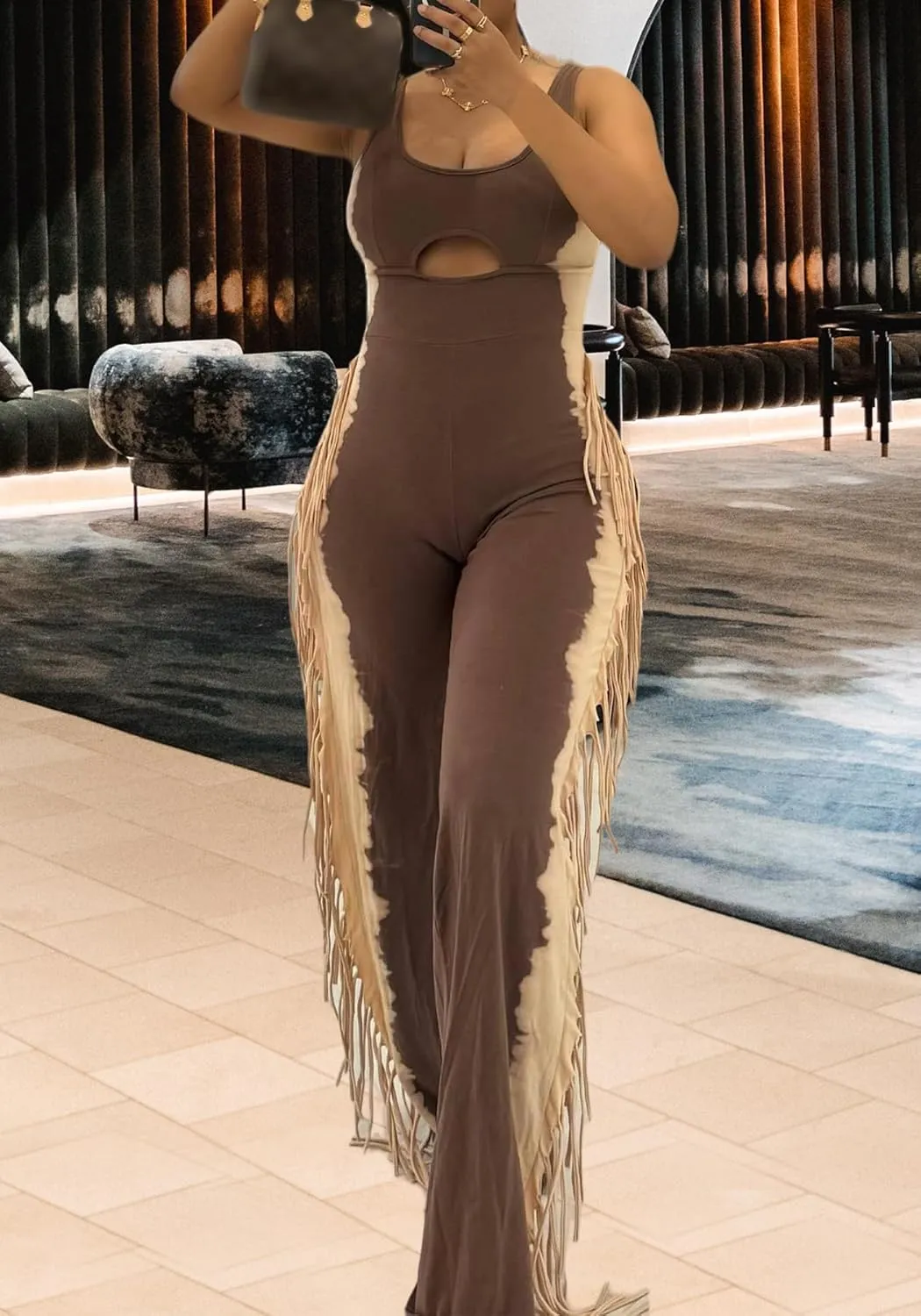 YOOTIKO Women Casual Sleeveless Jumpsuit Fringe Pants Sexy Cutout Tummy Control Tank Workout Romper