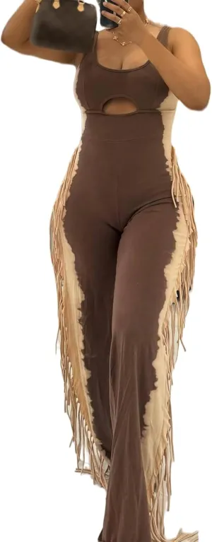 YOOTIKO Women Casual Sleeveless Jumpsuit Fringe Pants Sexy Cutout Tummy Control Tank Workout Romper
