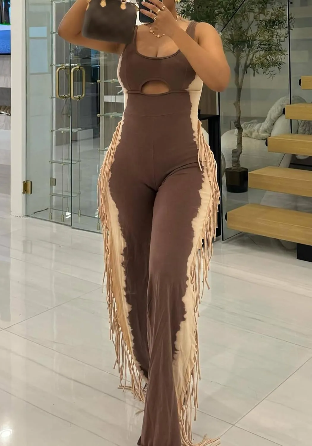 YOOTIKO Women Casual Sleeveless Jumpsuit Fringe Pants Sexy Cutout Tummy Control Tank Workout Romper
